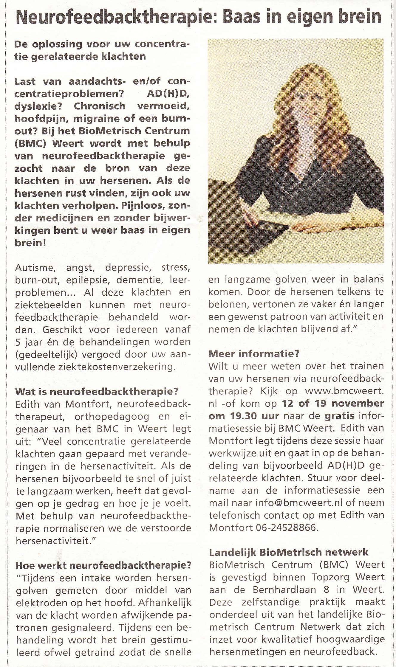 Neurofeedback baas in eigen brein - Weekblad Nederweert